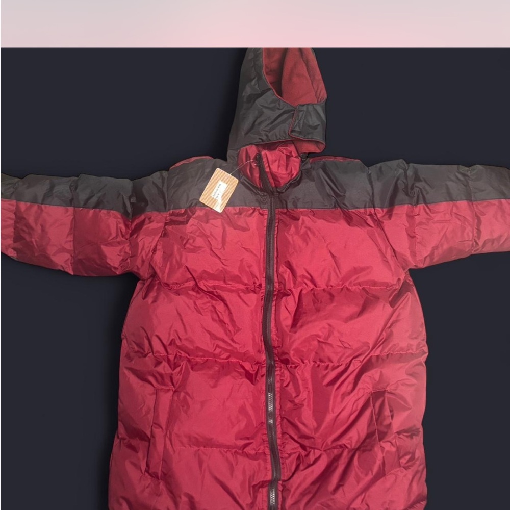 Unisex Dark Red and Black fleece lined  Puffer Jacket w removable hood .